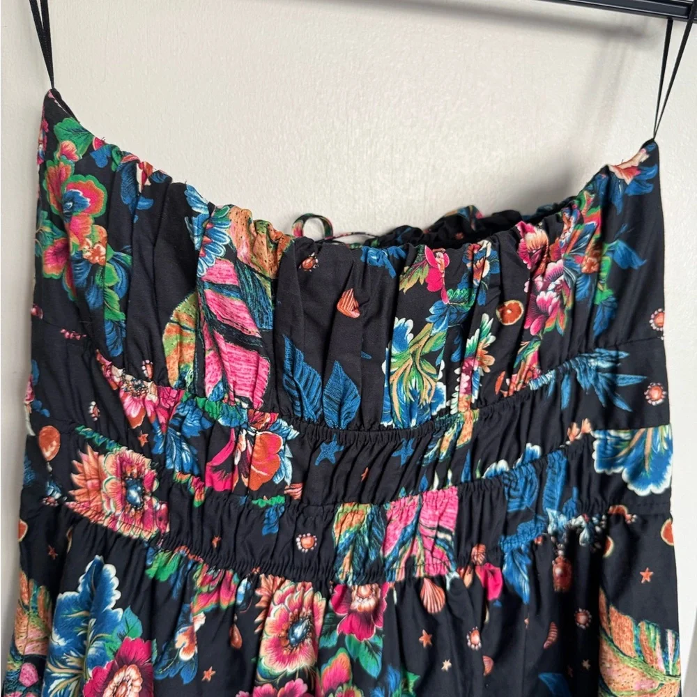 Anthropologie Black Strapless Maxi Dress with Pink, Purple & Yellow Floral Print - Picture 8 of 11